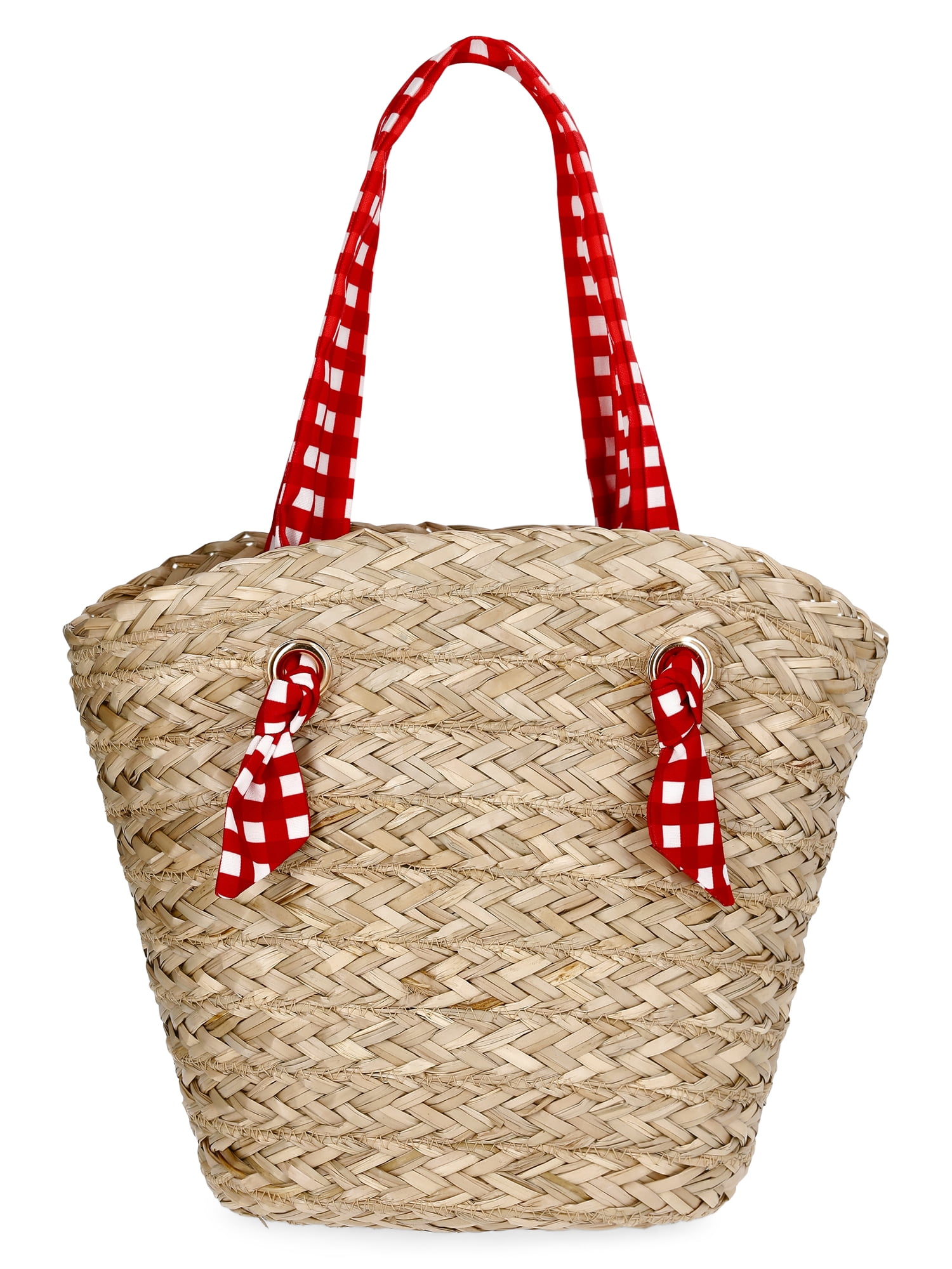 Time and Tru Women's Seagrass Beach Tote, Natural/Red