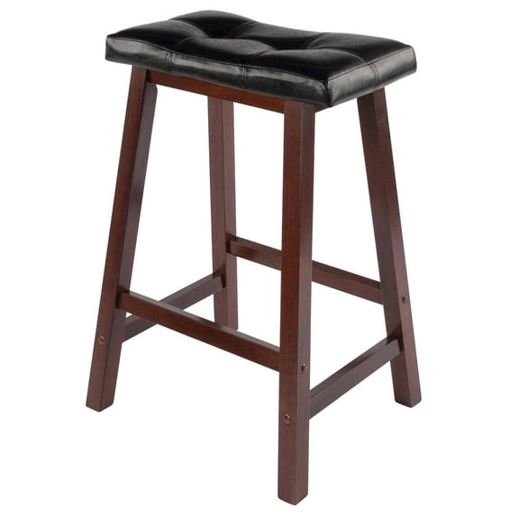FurniFact Black Faux Leather Saddle Seat Bar Stool, 24 Inch Counter Height Kitchen Stool