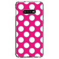 thumbnail image 1 of DistinctInk Clear Shockproof Hybrid Case for Samsung Galaxy S10e (5.8" Screen) - TPU Bumper, Acrylic Back, Tempered Glass Screen Protector - White & Hot Pink Polka Dots, 1 of 2