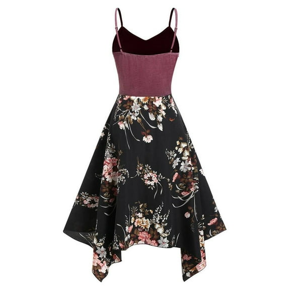 asdoklhq Womens Plus Size Clearance Dresses,Plus Size Womens Floral Print Asymmetric Camis Handkerchief Dress