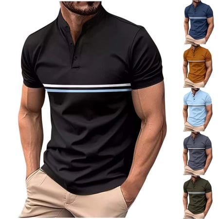 YFNNUP Mens Golf Shirt Fashion Color Block Business Tops Henley Neck Slim Fit Short Sleeve T Shirt Casual Striped Moisture Wicking Shirts Tops Black S