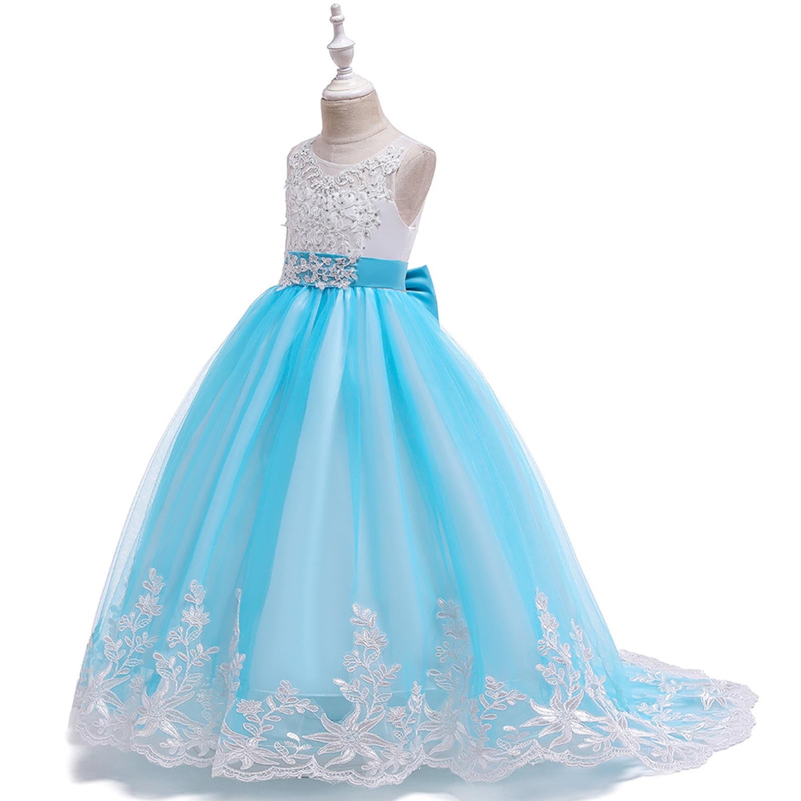 ATOGUTA 4-18 Years Flower Girl Dresses for Wedding Tulle Dresses Bridesmaid Wedding Communion Birthday Party Pageant Maxi Prom Gown for Kids Blue