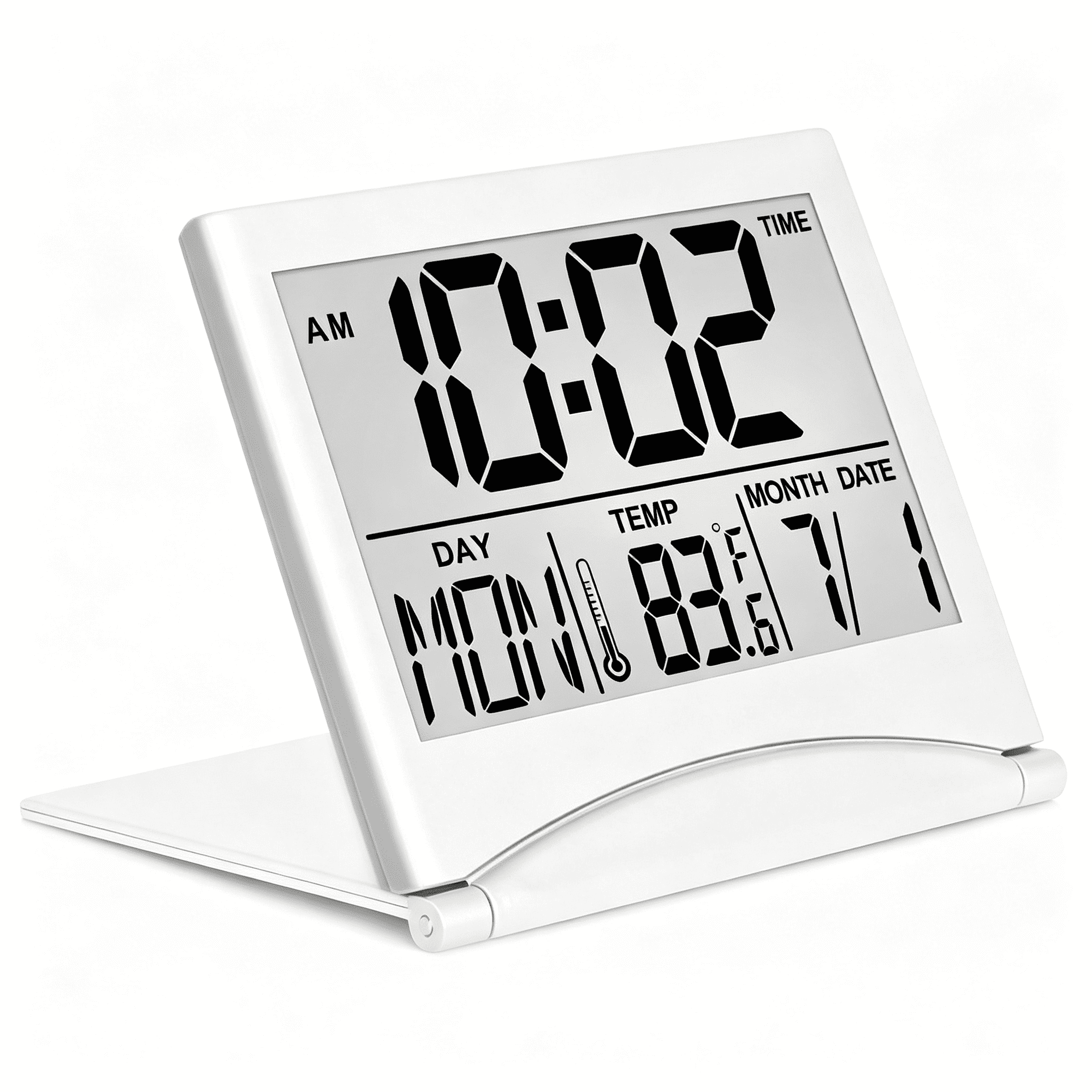 DESIGNICE Digital Travel Alarm Clock - Foldable Calendar Temperature Timer Lcd Clock with Snooze Mode - Large Number Display, Battery Operated - Compact Desk Clock(Silver, No Backlight)