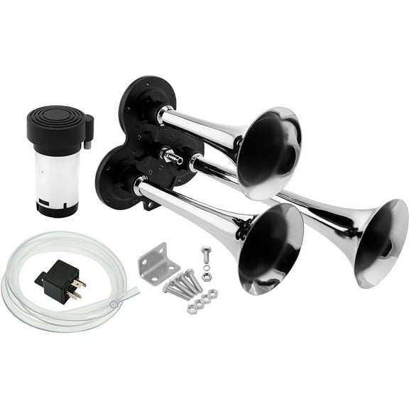 Vixen Horns Loud 3/Triple Trumpet Train Air Horn with One Compressor Full Complete System/Kit Chrome 12V VXH2411C
