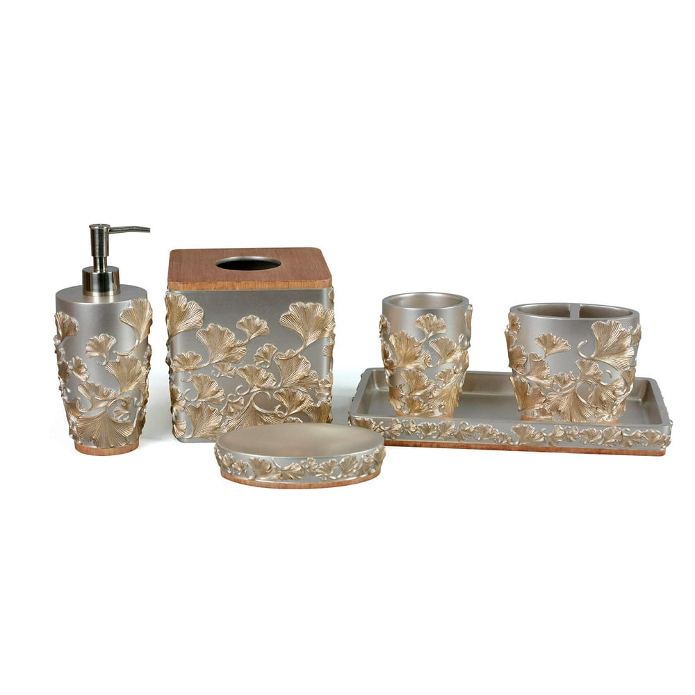 Decozen Bathroom Accessories Set, 6 Piece Gingko Gold Poly Resin Bath