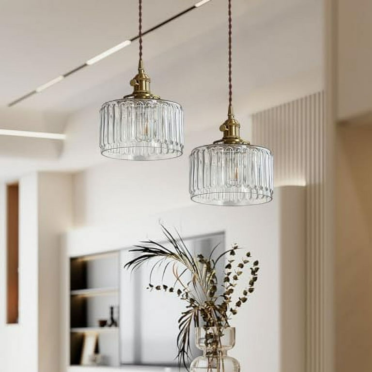 Hbboomlife Clear Glass Pendant Lighting Striped Glass Pendant Light Fixtures Brass Vintage Modern Hanging Lamp with Seeded Glass Shade Globe Pendant