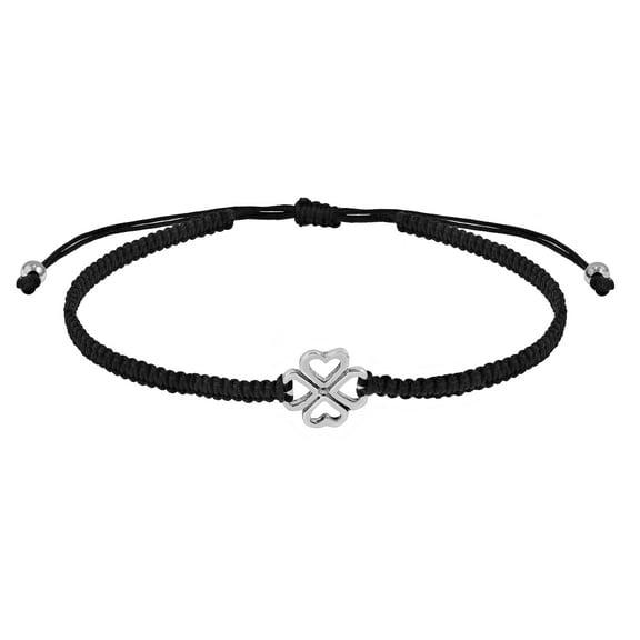 AeraVida Linked Forever Mini Hearts Clover Sterling Silver Black Rope Adjustable Bracelet for Female Teens