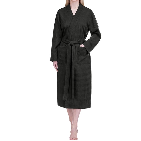PAVILIA Womens Waffle Knit Robe Lightweight Cotton Blend Full Length House Bathrobe with Pockets (Black, S/M)