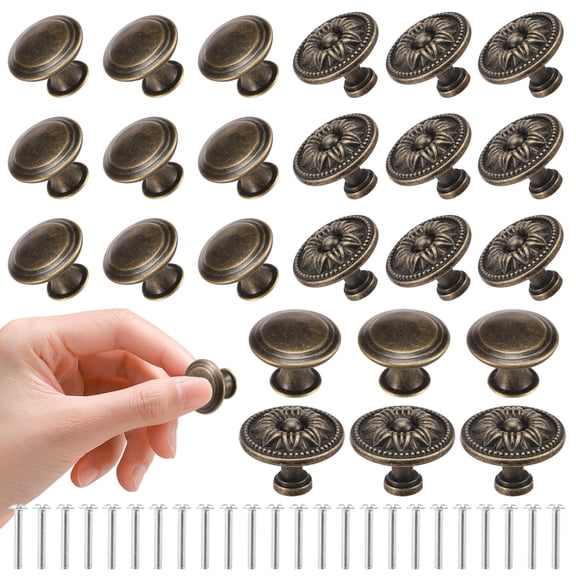 Ikoopy Pack of 24 Vintage Cupboard Knob Chic Drawer Knob Antique Brass Kitchen Cabinet Handle Round Furniture Door Handle Bronze
