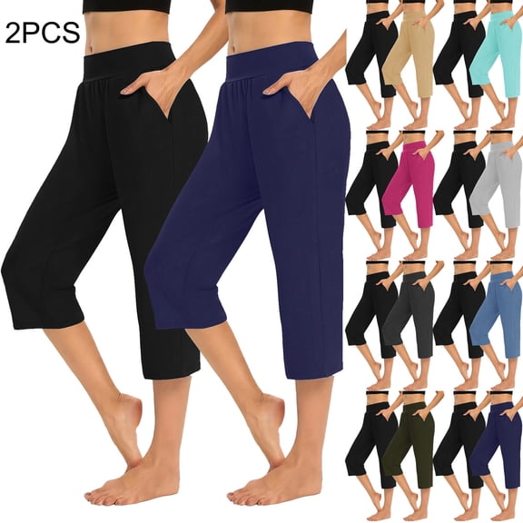 BVOFAR 2 Pack Capri Pants for Women Stretchy Straight Leg Running Cropped Pant Comfy High Waist Yoga Trousers with Pockets Blue L