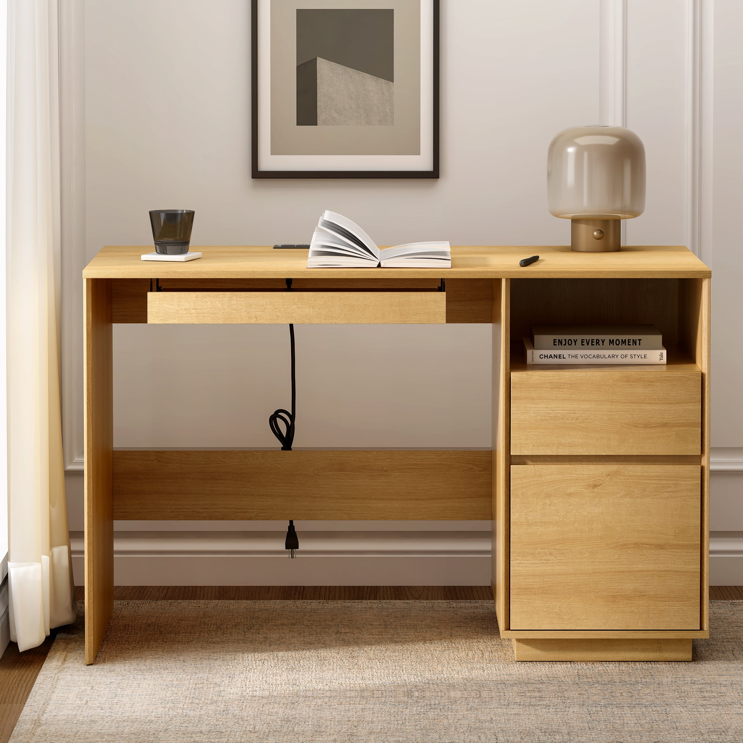EYYTHUNG 47" Office Desk, Farmhouse Executive Desk with File Drawer & Outlet, Wood Computer Desks with Keyboard Tray, Natural Oak