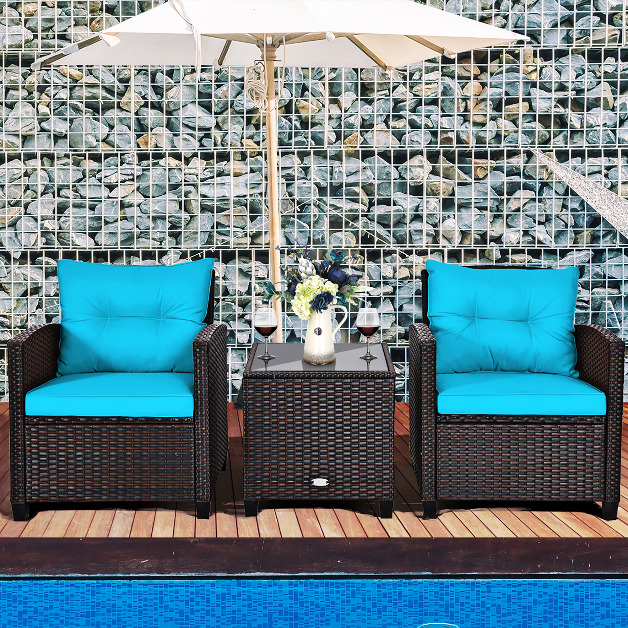 Costway 3-Piece Patio Rattan Conversation Set, Turquoise photo 2