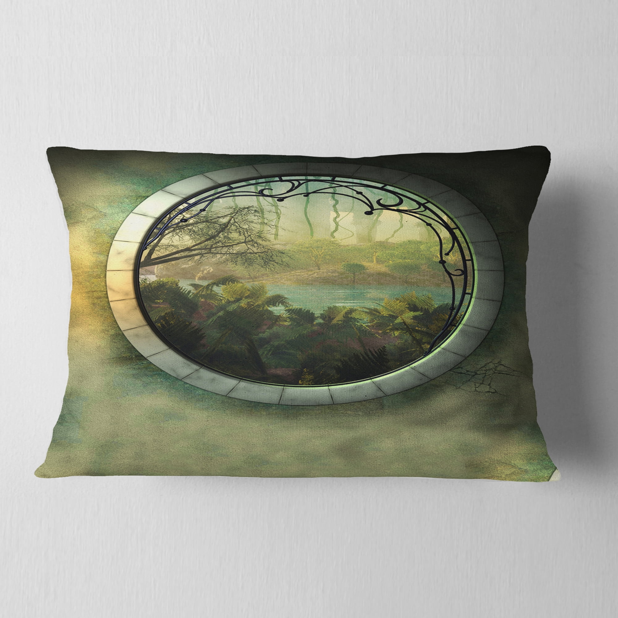 Designart Green Fantasy Landscape with Frame - Photography Throw Pillow - 12x20