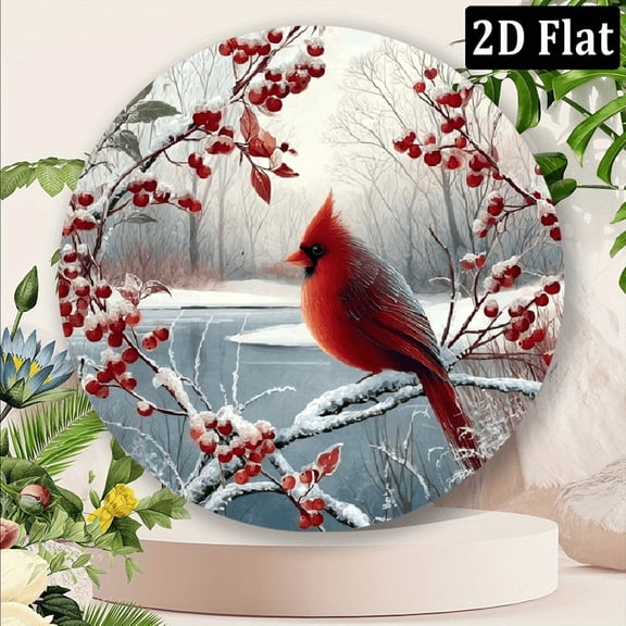 2D Flat 8x8inch Cardinal Wreath Sign Vibrant Gray Red Bird Art - Durable Door Hanger for Festive Christmas Winter Decor