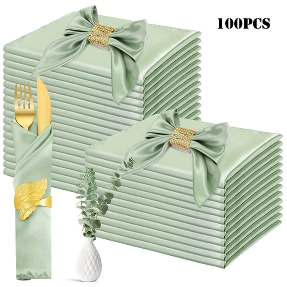 100 Sage Green Satin Napkins, 17X17 Inch Large Square Reusable Green Cloth Napkins, Elegant Silky Satin Cloth Napkins for Wedding, Birthday Party Table Decorations