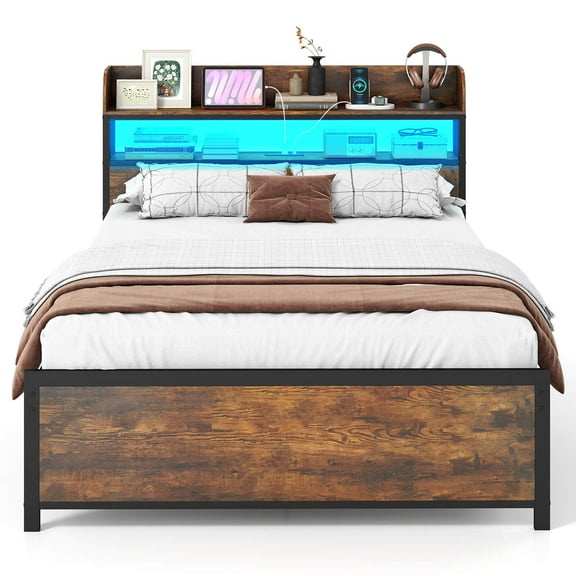 Costway Full Bed Frame with LED Lights Power Outlets Storage Headboard Metal Slat Support