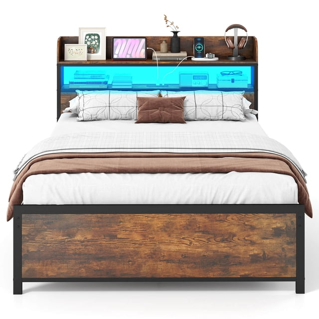 Coatway Full Bed Frame with LED Lights Power Outlets Storage Headboard Metal Slat Support