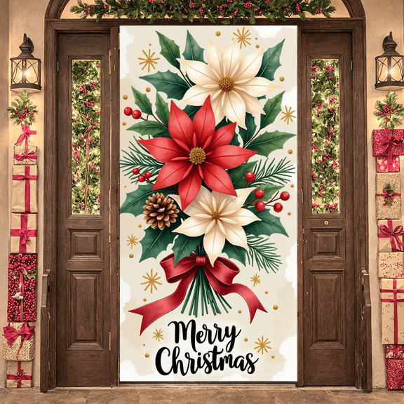 Festive Floral Happy Christmas Decorative Banner Holiday Bouquet for Festive Decoration Christmas Events Party