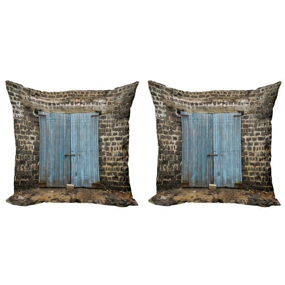 Ambesonne Rustic Throw Pillow Cover 2 Pack, Medieval Stone Wall, 18", Blue Grey