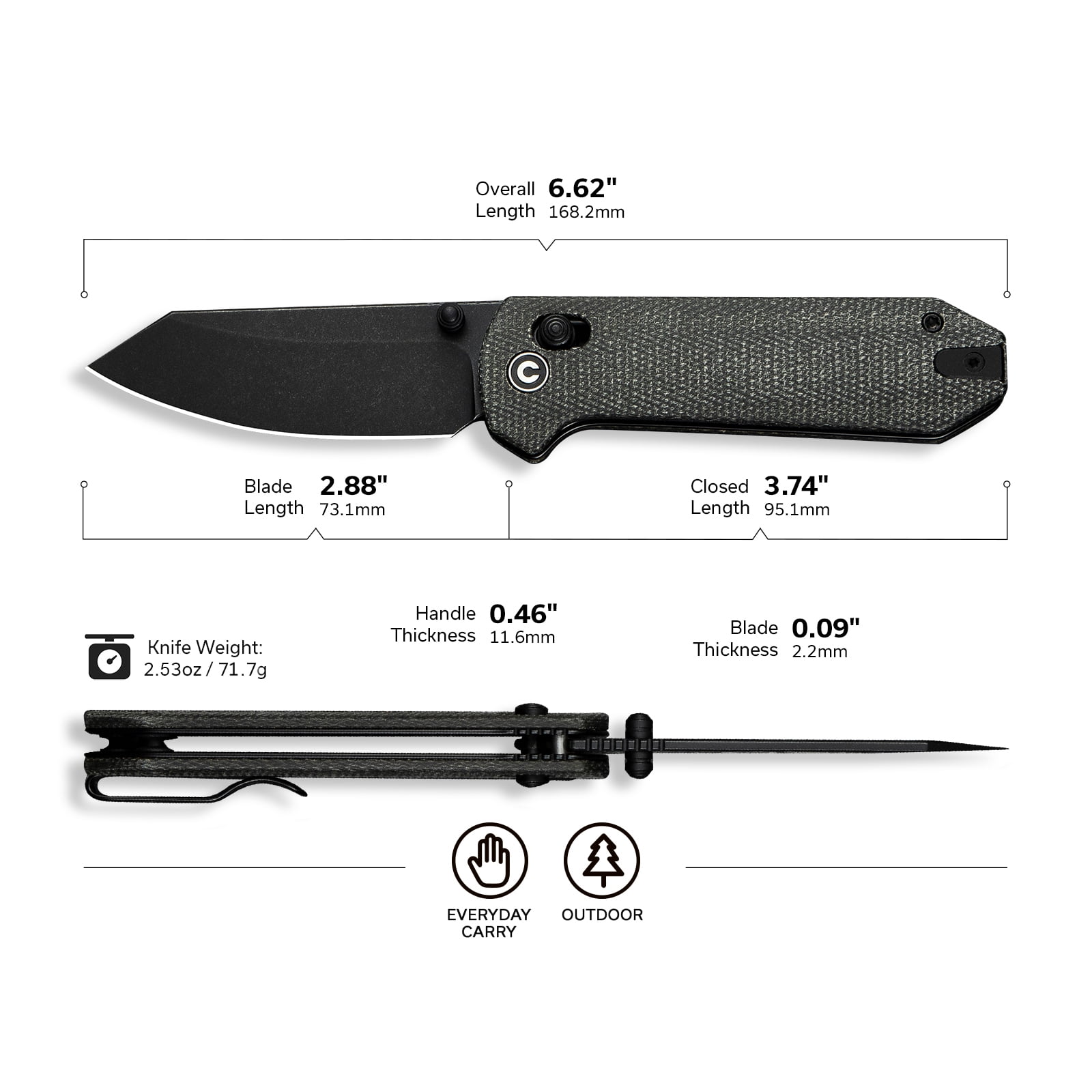 CIVIVI Yonder Folding Pocket Knife Crossbar Lock Knife with 2.88" 14C28N Blade Micarta Handle, Designed by Zac Whitmore WM-C23073B-1