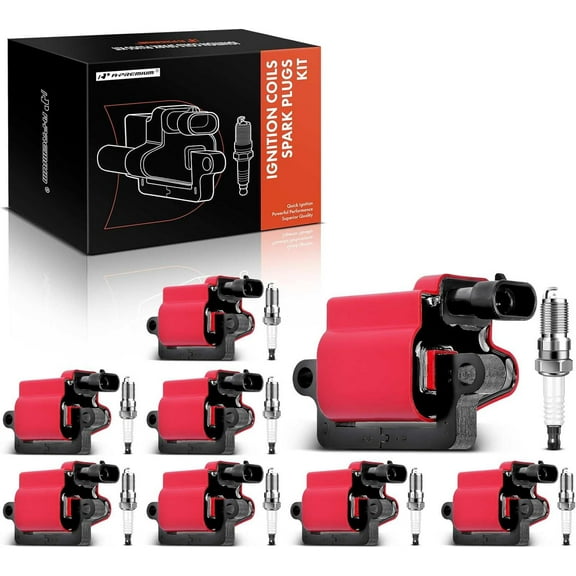 A-Premium Set of 8 (Red) Ignition Coil Pack and Iridium Spark Plugs Compatible with Chevrolet Silverado GMC Sierra 1500 2500 Tahoe Yukon Buick Cadillac Hummer, Replace# 12556893