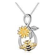 Valentine's Day Gift Birthday Gift 925 Sterling Silver Golden Honey Bee and Sunflower Pendant Silver 18" Sterling Silver Box Chain