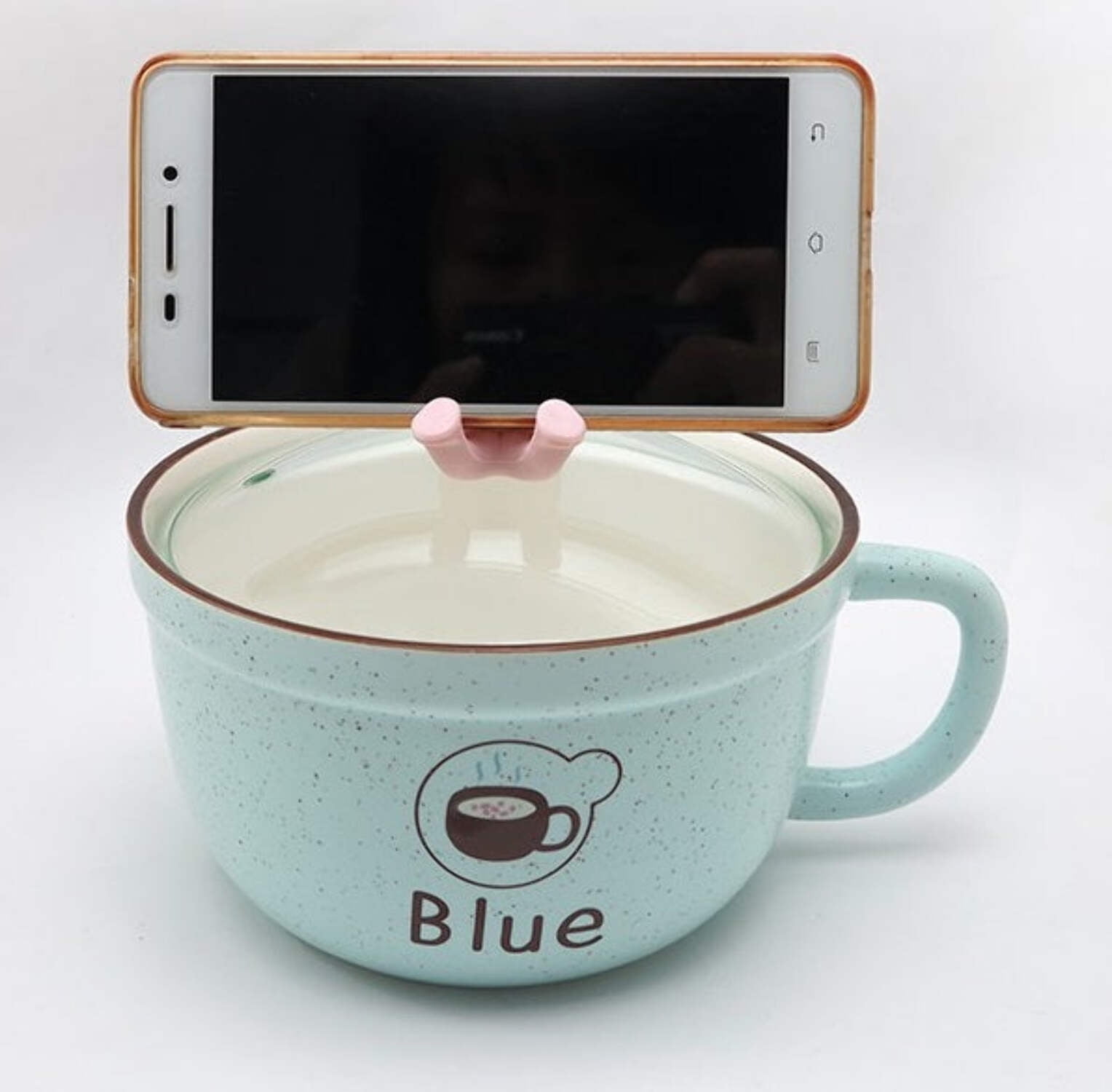 Microwavable Ceramic Noodle Bowl with Handle and Glass Lid Cute Cartoon