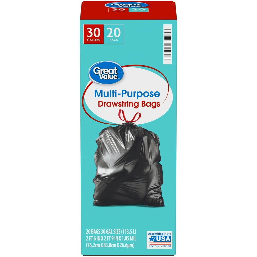 Great Value MultiPurpose Trash Bags, 30 Gallon, 20 Bags (Drawstring