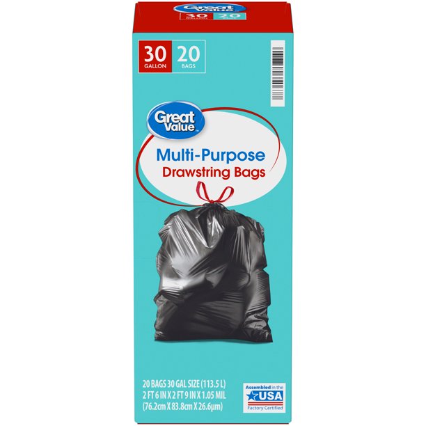 Great Value MultiPurpose Trash Bags, 30 Gallon, 20 Bags (Drawstring
