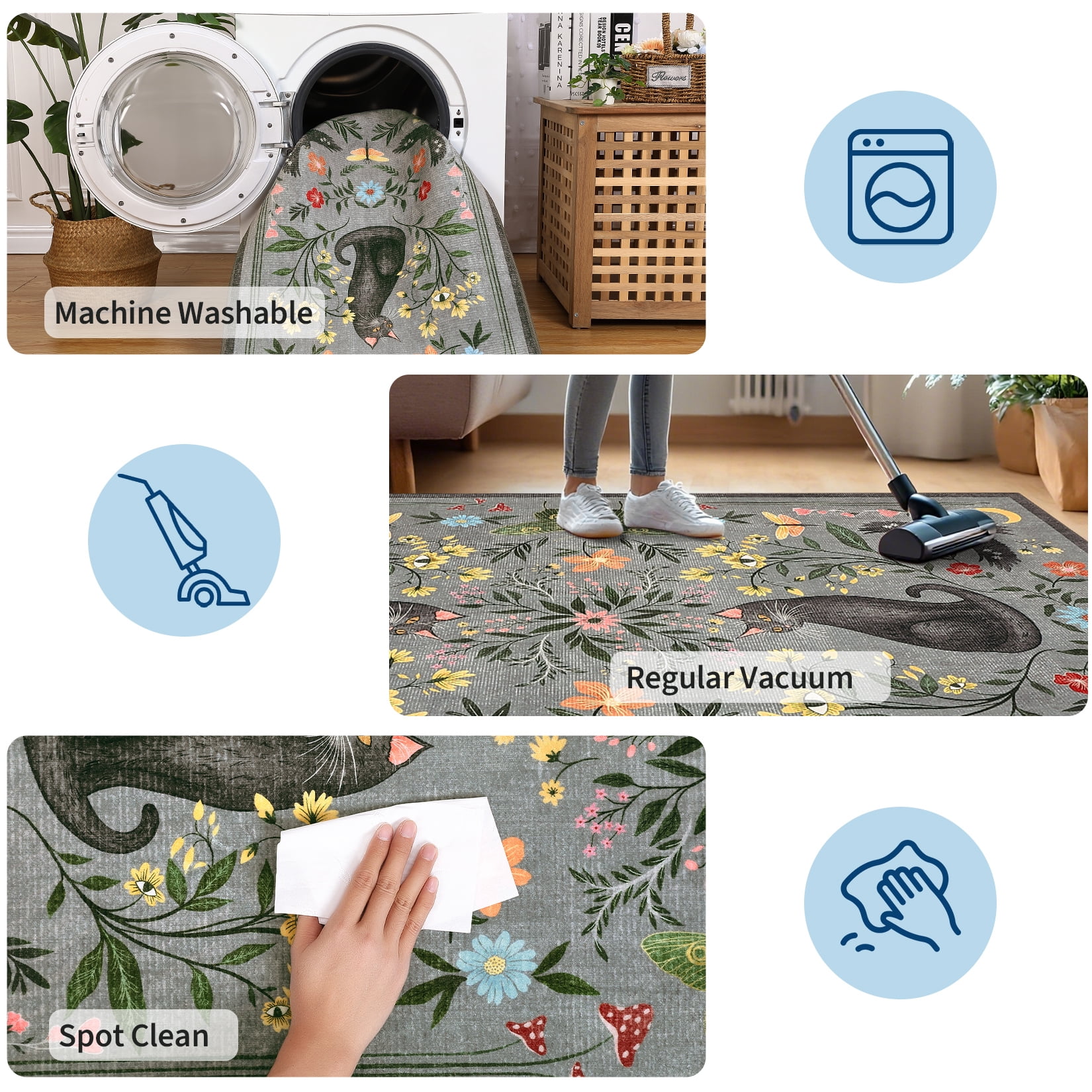 Garvee 5'x7' Boho Area Rug Cat Floral Pattern Carpet, Vintage Washable Rug Non-Slip Indoor Accent Carpet for Living Room Bedroom Home Office, Gray