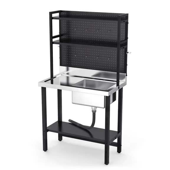Ktaxon 36" × 21" Stainless Steel Utility Prep Sink with Drainboard, Freestanding One Compartment Sink with Adjustable Shelves & 3.5" Drain