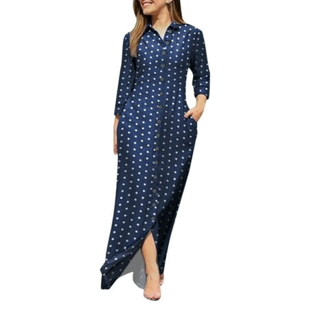

Ladies Lapel V Neck Long Sleeve Robe Long Prints Dress Buttons Shirt Long Dress