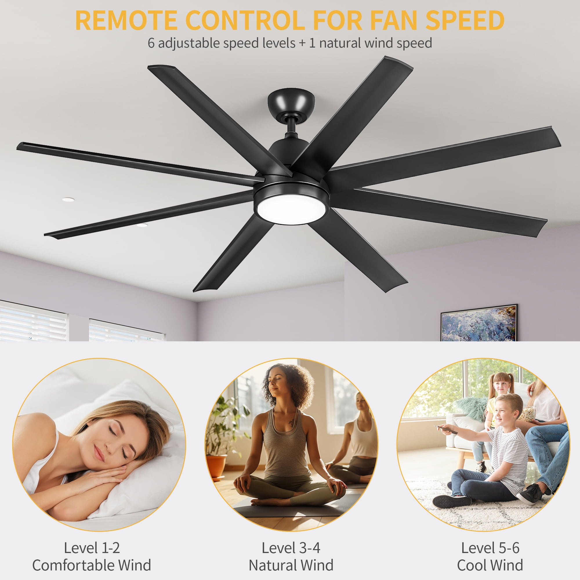 Dextrus Modern 65-Inch 8-Blade Ceiling Fan with LED Light and Remote, 6-Speed Silent DC Motor, Tri-Color Temperature, Memory Function for Indoor and Outdoor Use (Black)