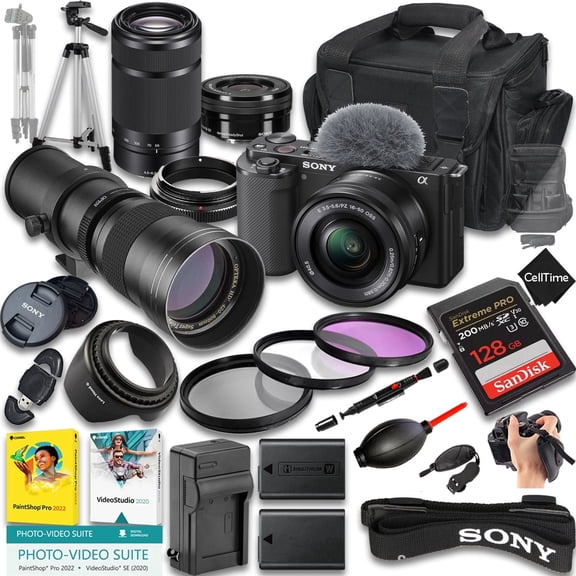 Sony ZV-E10 Mirrorless Camera International Version w/ 16-50mm, 55-210mm & 420-800mm Lenses   128GB   Extra Battery   Case (27-Pc Bundle)