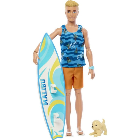 Ken Doll with Surfboard, Poseable Blonde Barbie Ken Beach Doll (Assembled product height: 12 in)