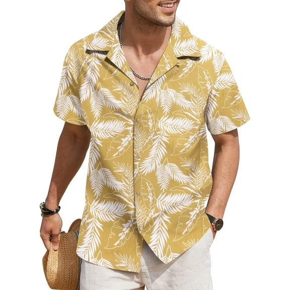 YATELLE Men's Hawaiian Floral Shirts Cotton Linen Button Down Tropical Holiday Beach Shirts