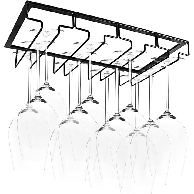 Organizador de almacenamiento de copas de vino para barra de cocina, estante para copas debajo del gabinete de fácil instalación, colgador de copas de vino de metal negro que ahorra espacio, soporte
