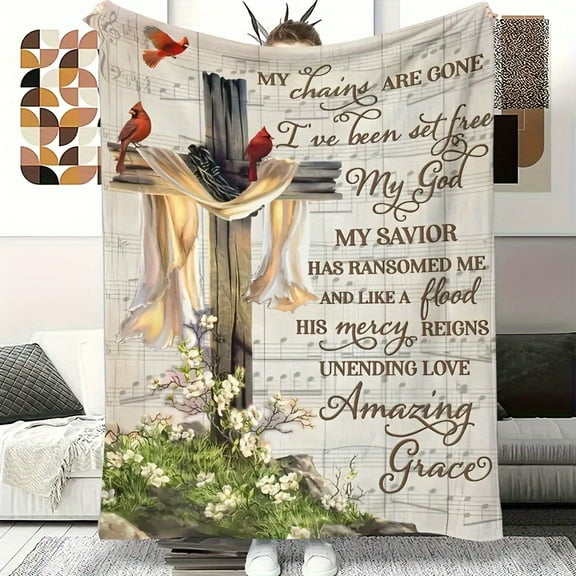 Soft Faith Flannel Cross Printed Blanket Multi-purpose Throw Blanket for Couch Sofa Office Bed Camping Travel Warm Nap Blanket for All Season Gift