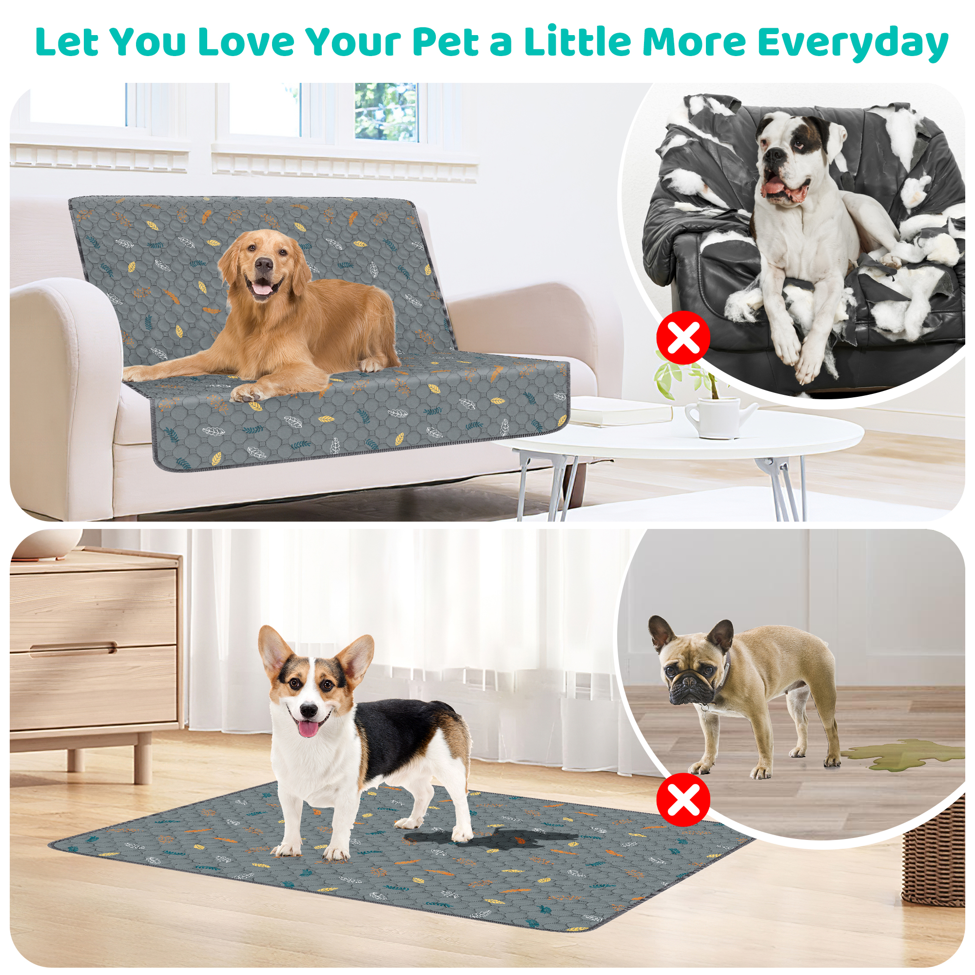 Washable Pee Pads for Dogs, 1 PACK 72" x 72" Reusable Puppy Pads Non-Slip Pet Leaf Pattern Training Pads, Super Absorbent Whelping Pads for Playpen, Potty, Crate, Bed (with 60''L Dog Leash)