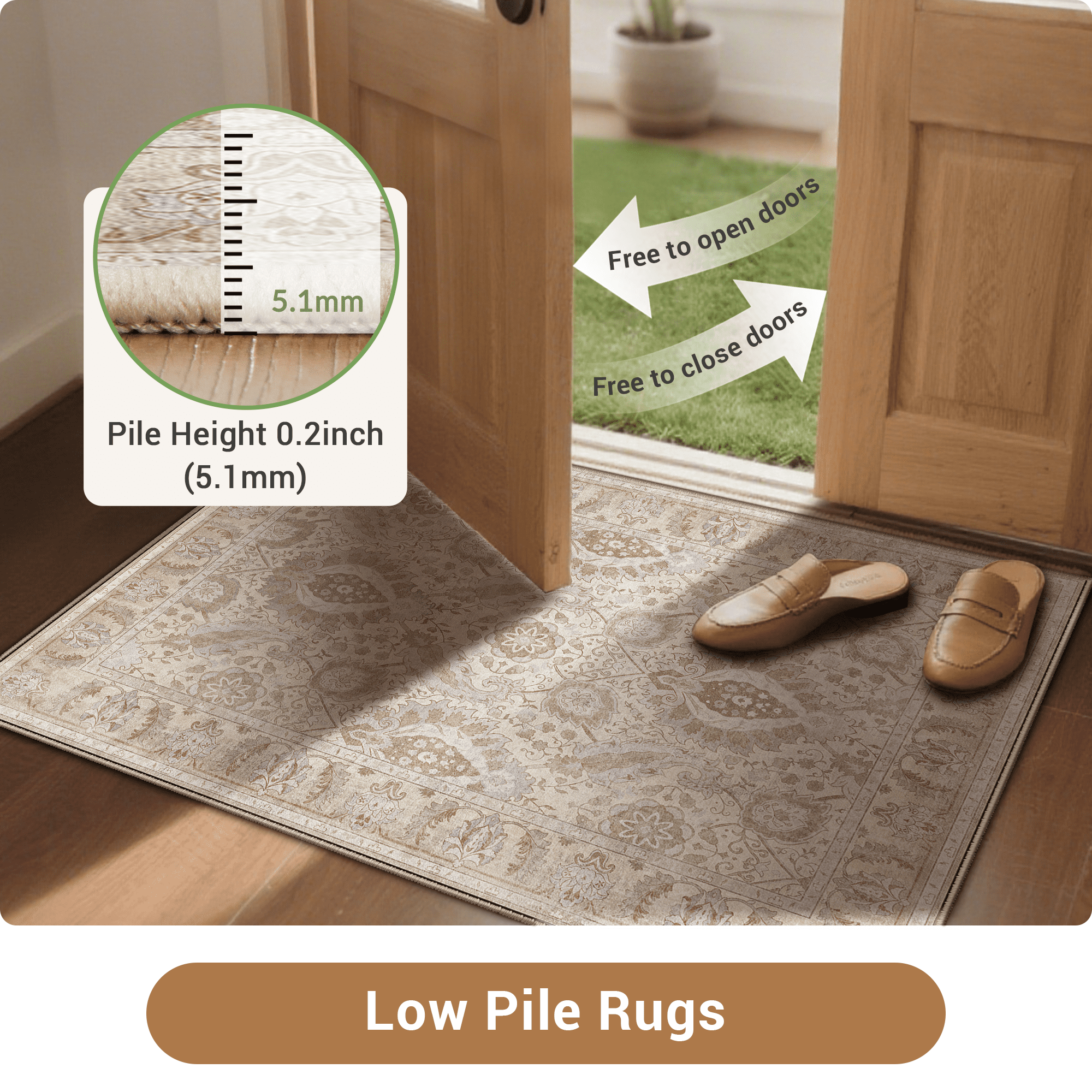 NewBuros Area Rugs 8'x10' Washable Non-Slip Boho Rugs, Soft Stain Resistant Low Pile Print Indoor Carpet for Living Room Bedroom Dining Room, Khaki