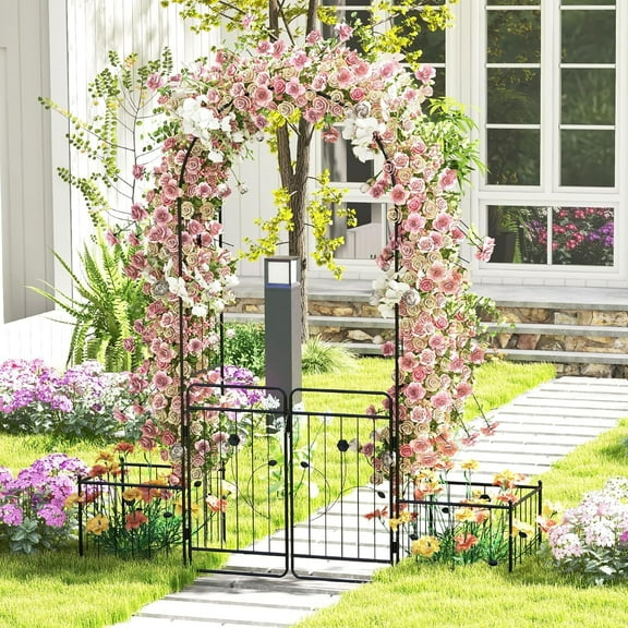 Moccha Garden Arch with Gate and Planter Boxes - 87" Metal Arbor Trellis for Climbing Plants Rose Vine, Heavy-Duty Archway Pergola,Garden Arbor for Wedding Ceremony Decoration Lawn Patio Bridal Party