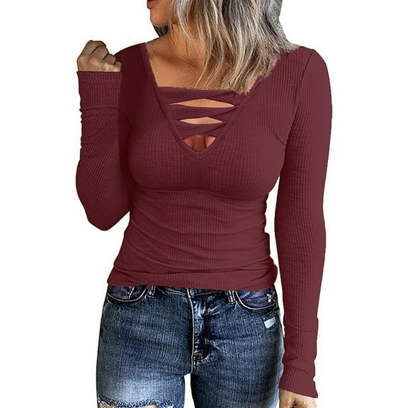 Babysbule Womens Tops Women's Casual V-Neck Long Sleeve Comfortable Solid Color Blouse