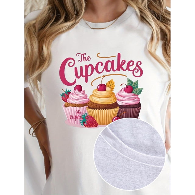 Camiseta de cuello redondo con estampado de cupcakes, top informal de manga corta para primavera y verano, ropa de mujer, camiseta deportiva de ocio.