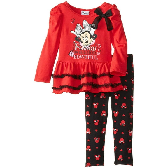 Disney Little Girls' Minnie Mouse 2 Piece Bowtiful Long Sleeve Legging Set, Chinese Red, 6X