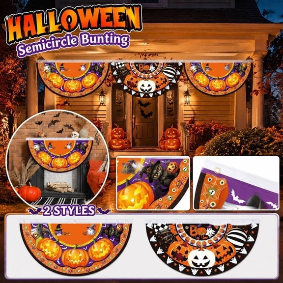 Halloween Fan Bunting Banner with 3 Grommets, Happy Halloween Pumpkin Ghost Flag Hanging, 1.6x3 ft Large Outdoor Yard Harvest Autumn Outdoor Decoration , 2 Pack