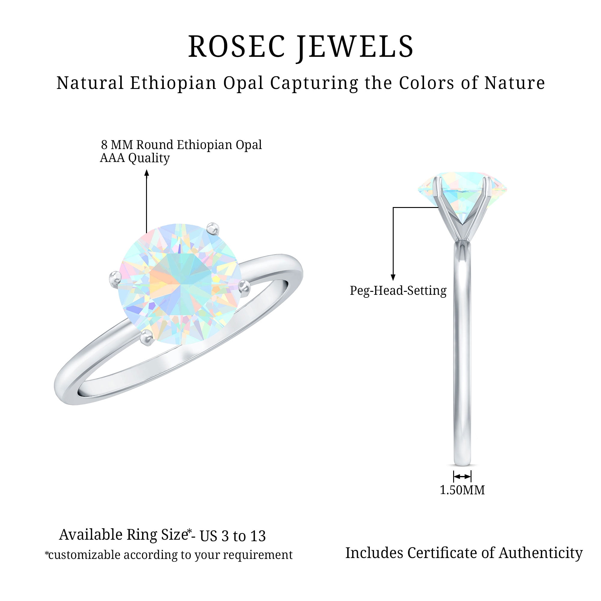 Rosec Jewels Ethiopian Opal Engagement Ring for Women - 2 Carat - October Birthstone Opal Solitaire Ring - AAA Quality, 14K White Gold, US 4.00