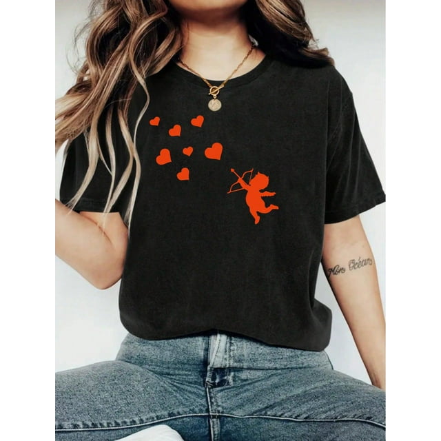 Valentine's Day Women's Fashionable LOVE Print T-Shirt - Casual Short Sleeve Crew Neck Top - LightweCamisetas para mujer, lindas camisetas con estampado gráfico, de manga corta, estilo casual, para ve