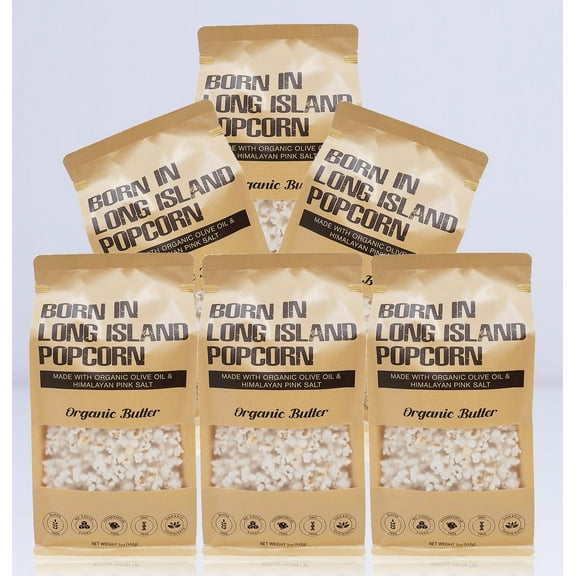 Born in Long Island Popcorn | Organic Butter-6pk, 5 oz | Gluten Free, Non-GMO, Preservative Free, Organic Ingredients.