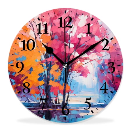 14 Inch Wall Clock Battery Operated Silent Clock Decorative for Office, Kitchen, Outdoor, Living RoomοΌVintage Oil Painting Maple Trees Autumn Fall Cute