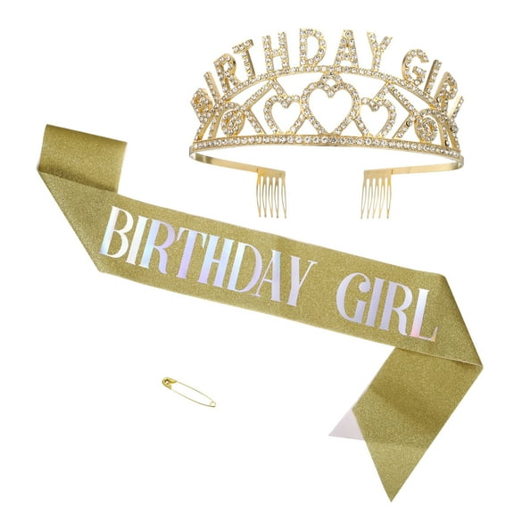 Birthday Crown,63in Birthday Sash and Crown Birthday-Tiara Headband Happy Birthday Queen Sash,Golden
